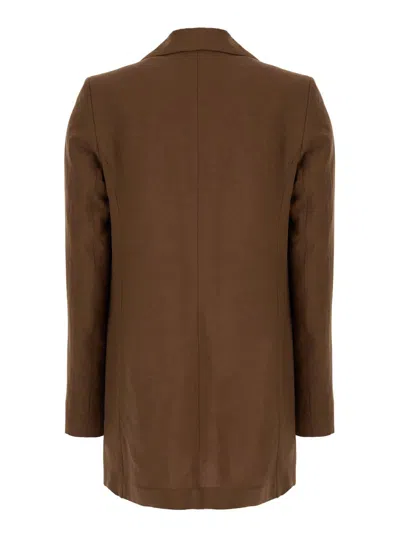 Shop Plain Brown Open Jacket With Shawl Collar In Linen And Viscose Woman