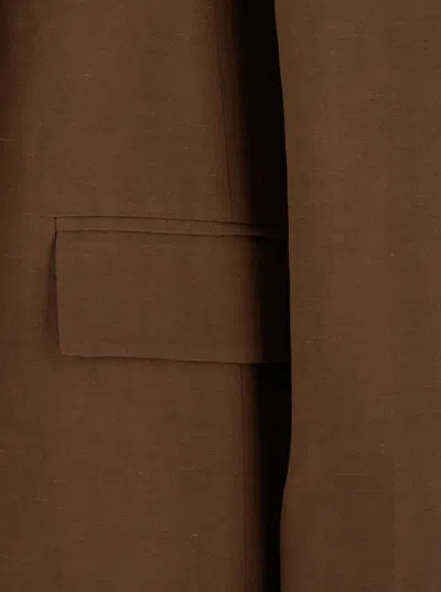 Shop Plain Brown Open Jacket With Shawl Collar In Linen And Viscose Woman