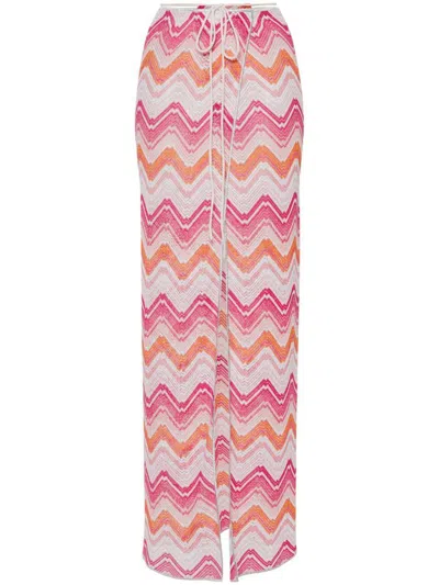 Shop Missoni Long Zigzag Knitted Skirt  Pink/orange/white Knit Construction Lurex Detailing Signature Zig In Pink & Purple