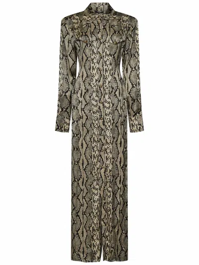 Balmain Long Sleeve Python Satin Long Shirt Dress In Brown