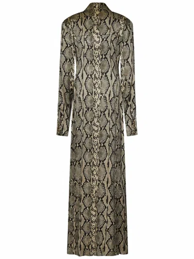 Balmain Long Sleeve Python Satin Long Shirt Dress In Brown