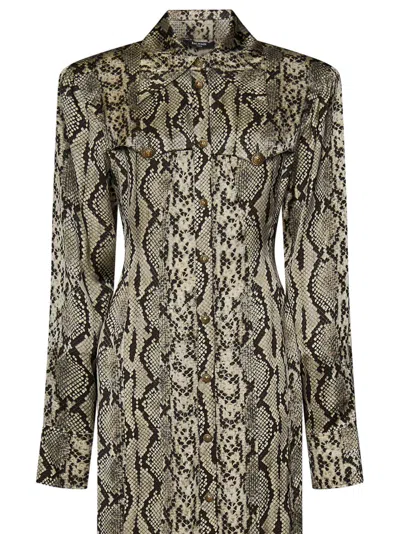 Balmain Long Sleeve Python Satin Long Shirt Dress In Brown