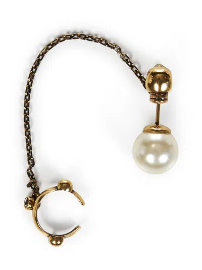 Shop Alexander Mcqueen Pearl Skull Earrings In Golden