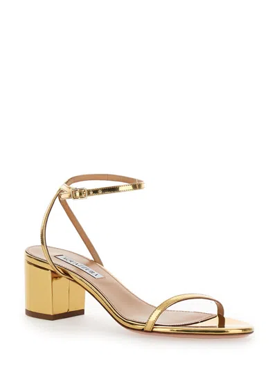 Shop Aquazzura Olie Gold Tone Sandals With Block Heel In Laminated Leather Woman In Metallic