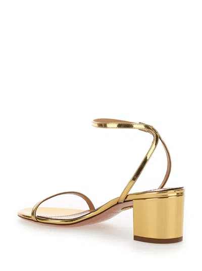 Shop Aquazzura Olie Gold Tone Sandals With Block Heel In Laminated Leather Woman In Metallic