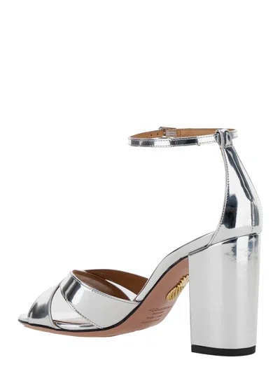 Shop Aquazzura Divine Silver Sandals With Block Heel In Laminated Leather Woman In Metallic