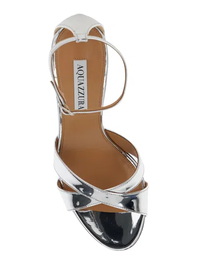 Shop Aquazzura Divine Silver Sandals With Block Heel In Laminated Leather Woman In Metallic