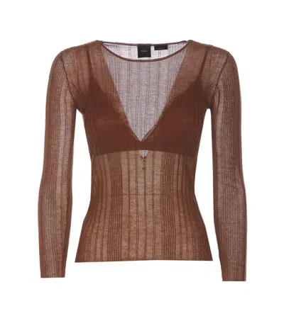 Shop Pinko Semi-transparent Ribbed Mesh Sweater In Brown