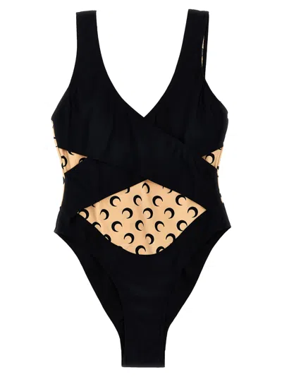 Shop Marine Serre All Over Moon One-piece Swimsuit In Black