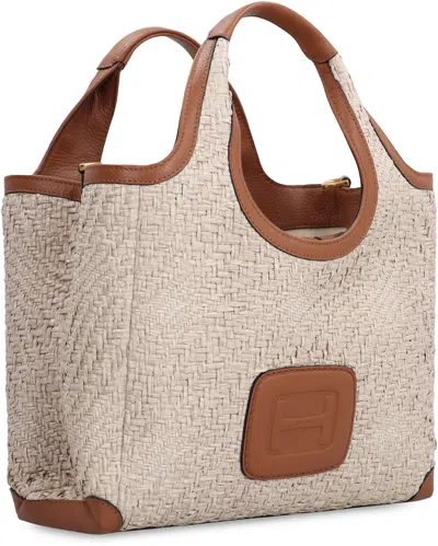 Shop Hogan H-bag Raffia Tote Bag In Ecru