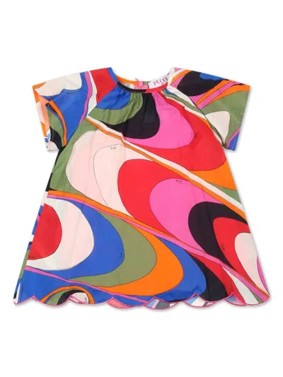 Shop Pucci Short-sleeved Dress With Multicoloured Waves Print