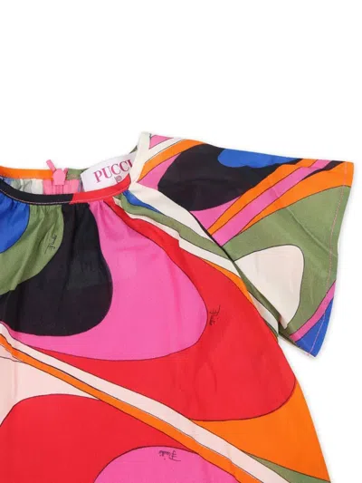 Shop Pucci Short-sleeved Dress With Multicoloured Waves Print