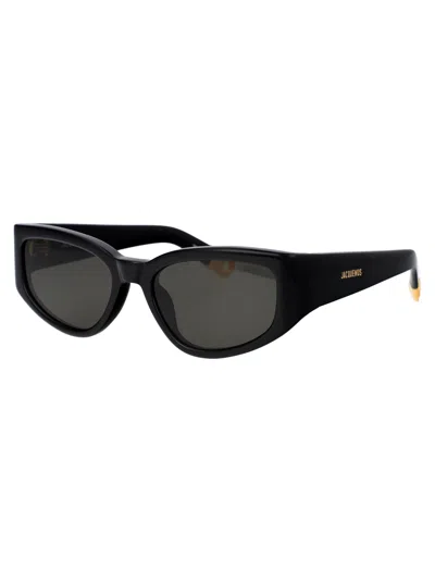 Shop Jacquemus Gala Sunglasses In 01 Black/ Yellow Gold/ Grey