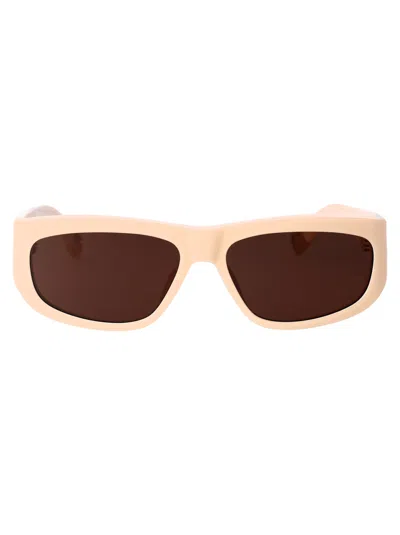 Shop Jacquemus Pilota Sunglasses In 02 Cream/ Yellow Gold/ Brown