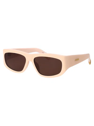 Shop Jacquemus Pilota Sunglasses In 02 Cream/ Yellow Gold/ Brown