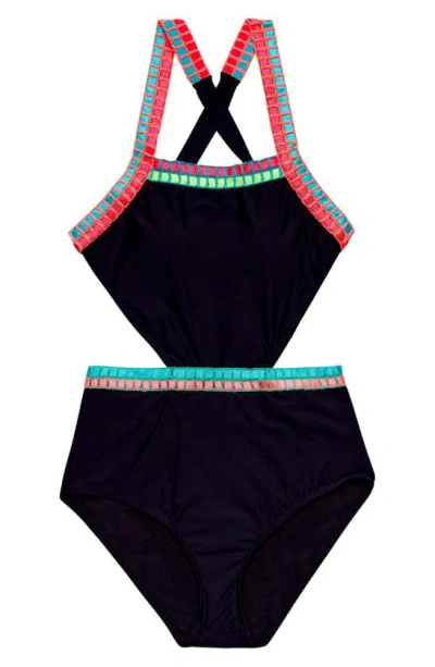 Shop Beach Lingo Kids' Cutout Embroidered One-piece Swimsuit In Black