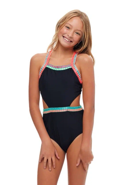 Beach Lingo Kids' Cutout Embroidered One-piece Swimsuit In Black