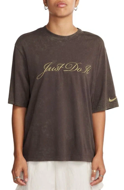 Shop Nike Just Do It Boxy Embroidered T-shirt In Baroque Brown/ Neutral Olive