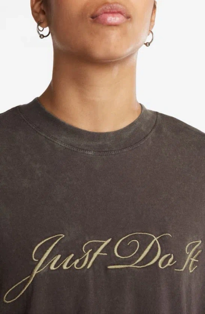Shop Nike Just Do It Boxy Embroidered T-shirt In Baroque Brown/ Neutral Olive