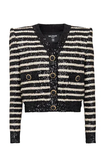 Shop Balmain Sequined Knit Jacket In Black,white