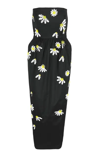 Shop Bernadette Lena Daisy-embroidered Taffeta Maxi Dress In Black