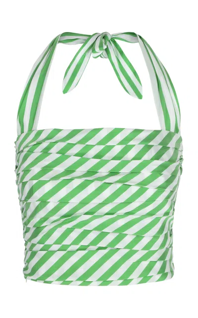 Shop Bernadette Tippy Pleated Striped-taffeta Halter Top In Green