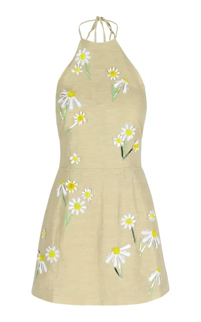 Shop Bernadette Delilah Open-back Daisy-embroidered Cotton-linen Mini Dress In Multi