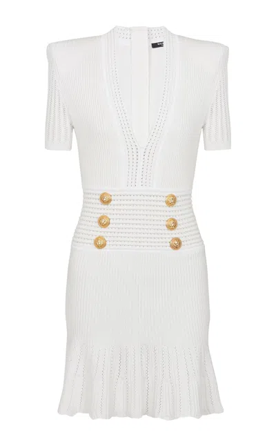 Shop Balmain Button-embellished Knit Mini Dress In White