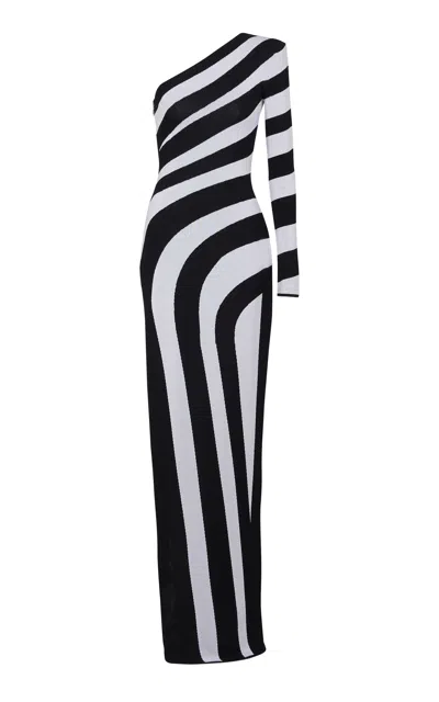 Balmain One-shoulder Striped Gown In Black,white