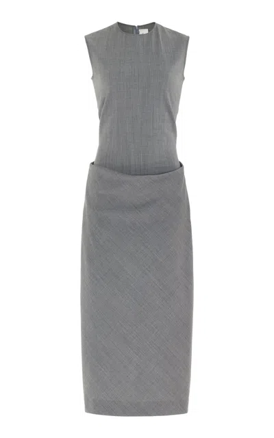 Shop Burc Akyol Draped Stretch-wool Gabardine Midi Dress In Grey