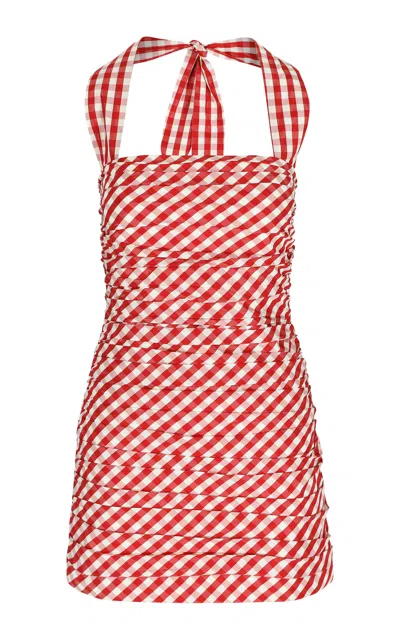 Shop Bernadette Tippy Pleated Gingham-taffeta Mini Halter Dress In Red