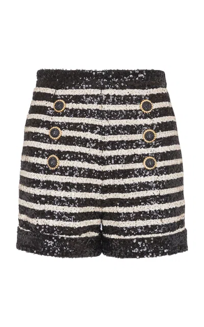 Shop Balmain Sequined Knit Shorts In Black,white
