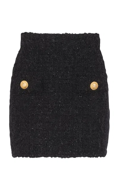 Shop Balmain Button-embellished Tweed Mini Skirt In Black