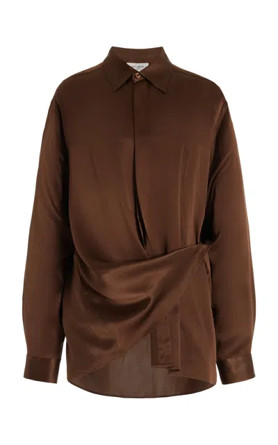 Shop Burc Akyol Draped Silk Satin Shirt In Brown