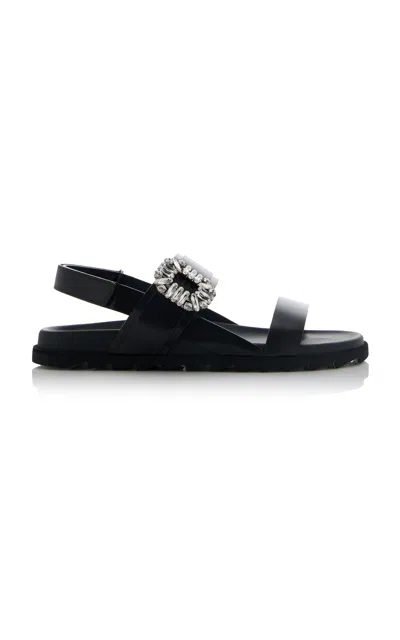 Shop Roger Vivier Slidy Viv Crystal-embellished Leather Sandals In Black