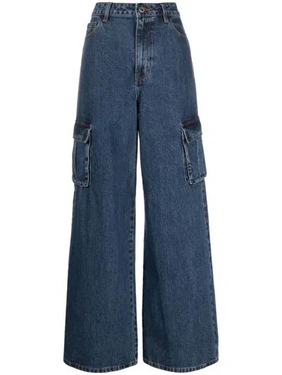 Shop Self-portrait Mid-rise Wide-leg Jeans In Denim