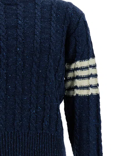 Shop Thom Browne Twist Cable Classic Crew Neck Pullover In Donegal W/ 4 Bar Stripes In Blu
