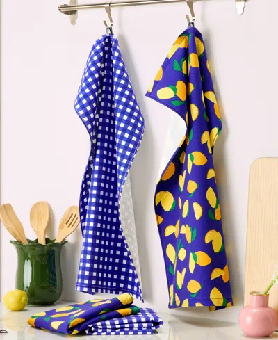 Kate Spade Lemon Party And Spring Gingham Kitchen Towel 4-pack In Navy Blue,yellow