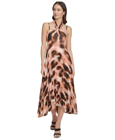 Shop Dkny Women's Printed Pleated Asymmetric-hem Chiffon Halter Dress In Abtrct Dot