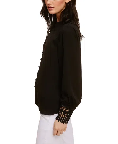 Shop Fever Solid Soft Crepe Blouse With Lace Cuff In Black
