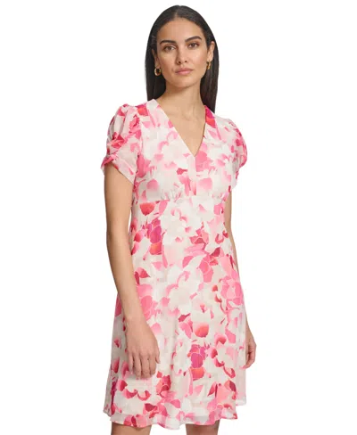 Shop Calvin Klein Petite Printed V-neck Short-sleeve A-line Dress In Hibscus Mu