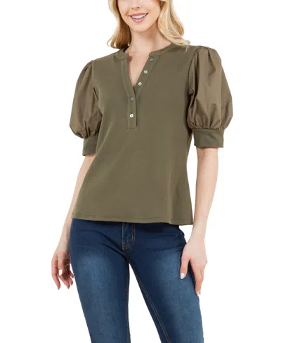 Shop Fever Ribbed Knit Henley With Woven Puff Sleeve In New Olive