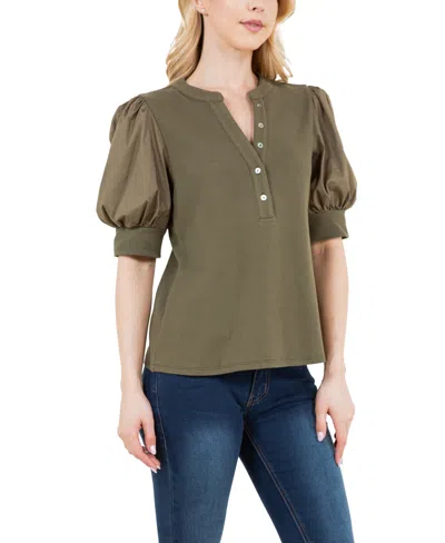 Shop Fever Ribbed Knit Henley With Woven Puff Sleeve In New Olive