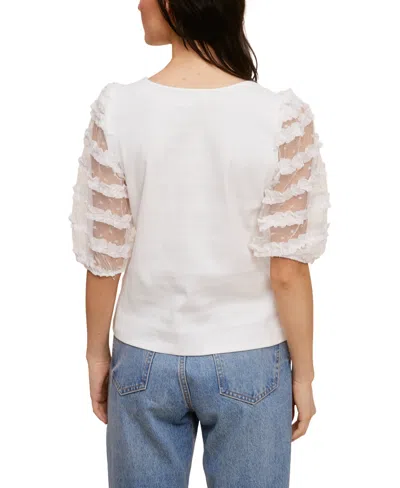 Fever Ribbed Knit Top With Ruffle Mesh Puff Sleeve In Bright White
