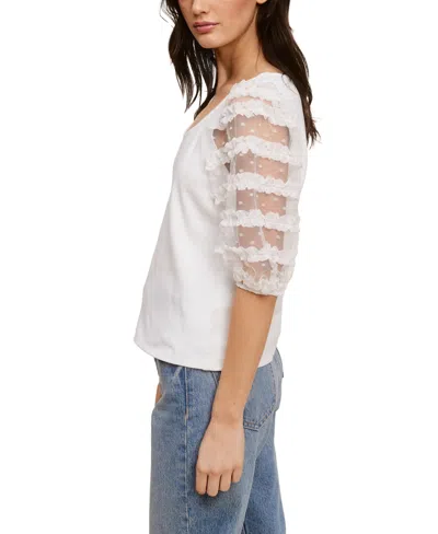 Fever Ribbed Knit Top With Ruffle Mesh Puff Sleeve In Bright White
