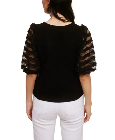 Fever Ribbed Knit Top With Ruffle Mesh Puff Sleeve In Bright White