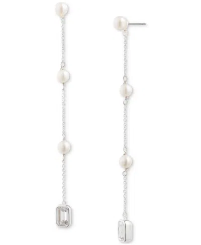 Shop Ralph Lauren Lauren  Freshwater Pearl (4mm) & Cubic Zirconia Linear Drop Earrings In Sterling Silver