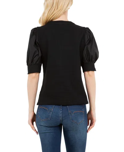 Shop Fever Ribbed Knit Henley With Woven Puff Sleeve In Black