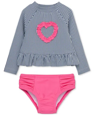 Shop Little Me Baby Girls Long-sleeve Rash Guard Upf 50+ Swimsuit, 2 Piece Set In Blue Heart