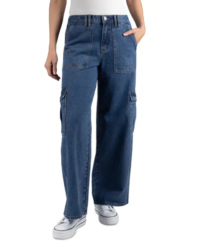 Shop Indigo Rein Juniors' High-rise Wide-leg Cargo Jeans In Dark Blue